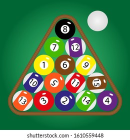 Billiard layers in a wooden rack - the starting position is usually used. Isolated illustration on green color gradient. The whole set of balloons. Vector illustration