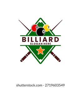 Logotipo de bilhar com bola de bilhar, mesa e vetor de vara. Modelo de vetor de design de logotipo esportivo da liga de bilhar