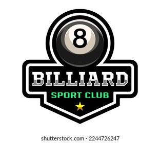 Billiard logo. Black ball color with the number eight. 8. Pool game. Snooker.