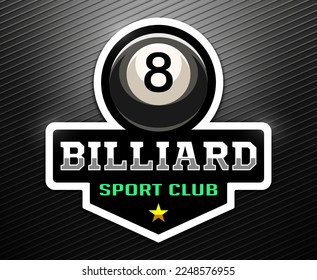 Billiard logo. Black ball color with the number eight. 8. Pool game. Snooker.