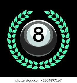 Billiard logo. Black ball color with the number eight and laurel wreath. 8. Pool game. Snooker.