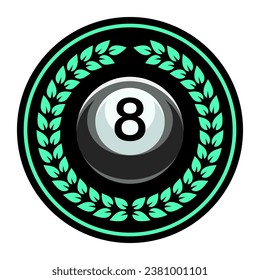 Logo de Billiard. Color negro de bola con el número ocho y laurel. 8. Juego de billar. Snooker.