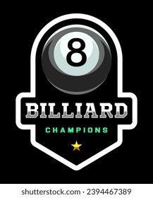 Logo de Billiard. Color de bola negra con el número ocho. 8. Juego de billar. Snooker.