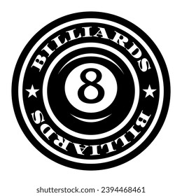 Logo de Billiard. Color de bola negra con el número ocho. 8. Juego de billar. Snooker.