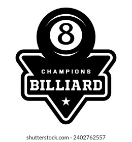 Logo de Billiard. Color de bola negra con el número ocho. 8. Juego de billar. Snooker.