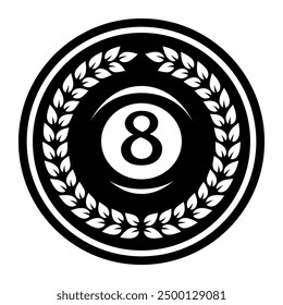 Billiard logo. Black ball color with the number eight and laurel wreath. 8. Pool game. Snooker.