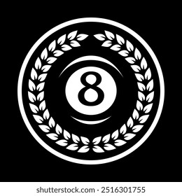 Billiard logo. Black ball color with the number eight and laurel wreath. 8. Pool game. Snooker.