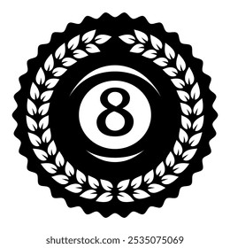 Billiard logo. Black ball color with the number eight and laurel wreath. 8. Pool game. Snooker.