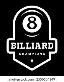 Billiard logo. Black ball color with the number eight. 8. Pool game. Snooker.