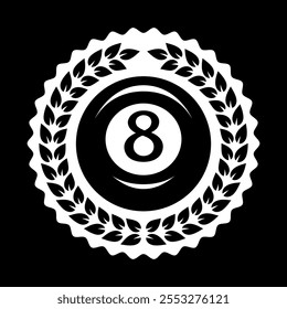 Billiard logo. Black ball color with the number eight and laurel wreath. 8. Pool game. Snooker.