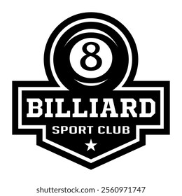 Billiard logo. Black ball color with the number eight. 8. Pool game. Snooker.