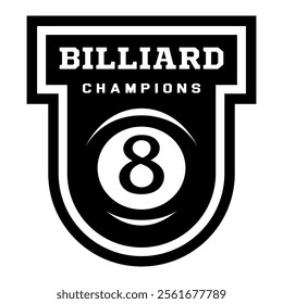 Billiard logo. Black ball color with the number eight. 8. Pool game. Snooker.