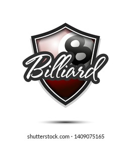 Billiard logo design template. Billiard emblem pattern. Billiard ball and shield with vintage lettering on an isolated background. Print on t-shirt graphics. Vector illustration