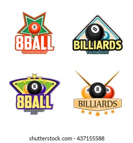 Billiard logo set. Billiards, pool and snooker sport icons for poolroom emblems design with balls, cues, tables. Vector illustration.