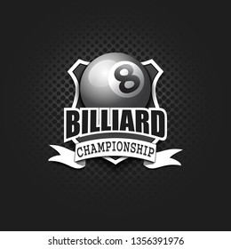 Diseño de Plantilla de logotipo de billar. Blanco y negro. Estilo Antiguas. Aislado sobre fondo negro. Ilustración vectorial