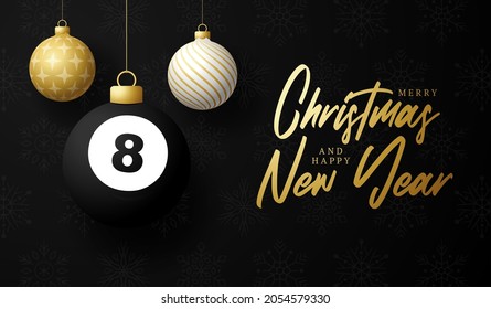 billiard Merry Christmas and Happy New Year luxury Sports greeting card. pool 8 ball as a Christmas ball on background. Vector illustration.