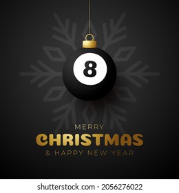 billiard Merry Christmas and Happy New Year luxury Sports greeting card. pool 8 ball as a Christmas ball on background. Vector illustration.