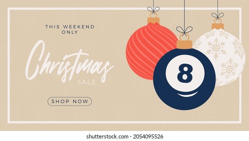 billiard Merry Christmas sale horizontal banner. Christmas card with sport billiard eight ball hang on a thread on background. Flat and cartoon Vector illustration