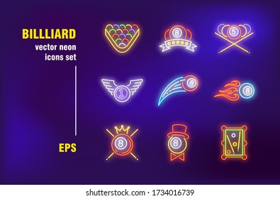 Billiard neon signs collection. Balls, numbers and cue. Vector illustrations for bright banners. Sport game and entertainment concept