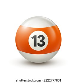 Billiard, orange pool ball with number 13 Snooker or lottery ball on white background Vector illustration