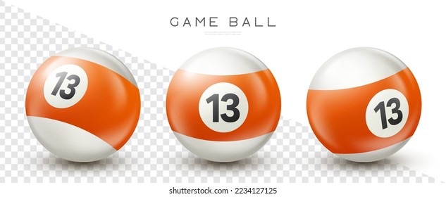 Billiard, orange pool ball with number 13 Snooker or lottery ball on transparent background Vector illustration