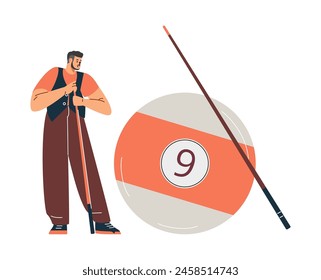 Billiard player. Male character next to a giant billiard ball and cue for the decoration of a sports club or casino. Design in flat cartoon style on isolated background.