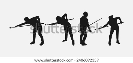 billiard player silhouette collection set. hobby, leisure, player, sport concept. different action, pose. monochrome vector illustration.