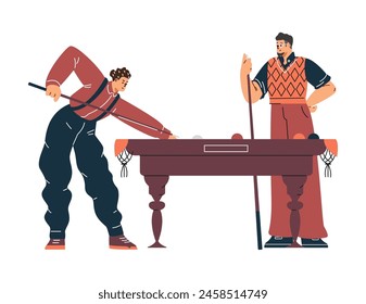 Billiard player. Vector illustration of characters playing at a billiard table, with cues in their hands on an isolated background. Flat design that conveys the essence of the game.