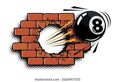 Billiard pool ball breaking red brick wall. Vector sporting template on transparent background