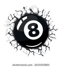 Billiard pool ball breaking the wall. Vector sporting template on transparent background