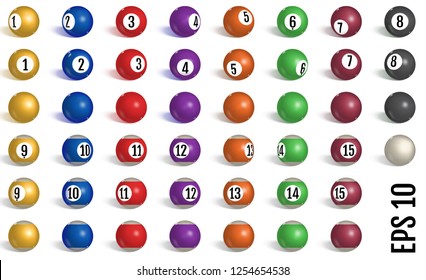 Billiard, pool balls collection. Snooker. Realistic balls on white background. Vector illustration.