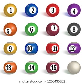 Billiard, pool balls collection. Snooker. Realistic balls on white background. Vector illustration.