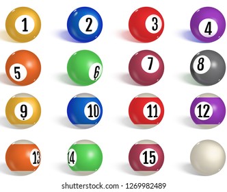 Billiard, pool balls collection. Snooker. Realistic balls on white background. Vector illustration.