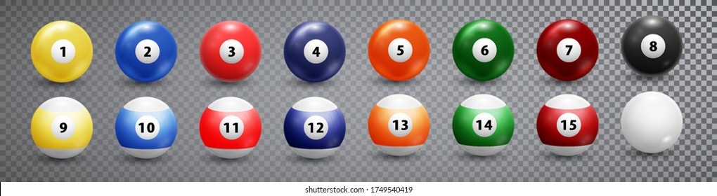 Billiard, pool balls collection. Snooker. Realistic balls on transparent background. Vector design elements.