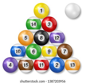 Billiard, pool balls collection. Triangle arrangement. White background. High quality, photorealistic vector illustration.