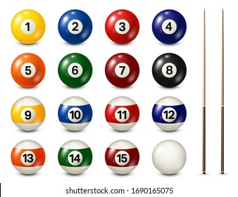 Billiard, pool balls with numbers collection. Realistic glossy snooker ball. White background. Vector illustration.