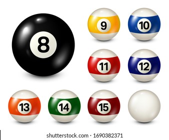 Billiard, Pool Balls With Numbers Collection. Realistic Glossy Snooker Ball. White Background. Vector Illustration.