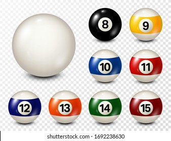 Billiard, pool balls with numbers collection. Realistic glossy snooker ball. White background. Vector illustration.