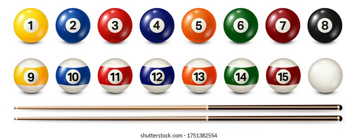 Billiard, pool balls with numbers collection. Realistic glossy snooker ball. White background. Vector illustration.