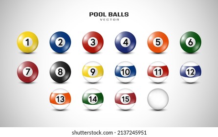 Billiard, pool balls with numbers collection. Realistic glossy snooker ball. White background. Vector illustration.
