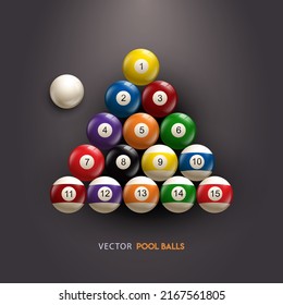 Billiard, pool balls with numbers collection in triangle start position. Realistic glossy snooker ball on black background. Vector illustration