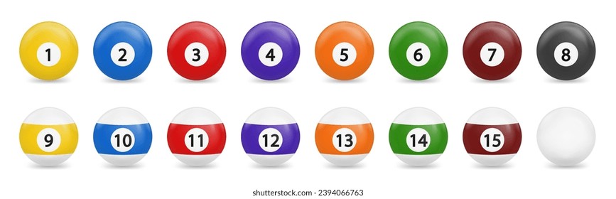 Billiard, pool balls with numbers collection. Realistic glossy snooker ball. Transparent background