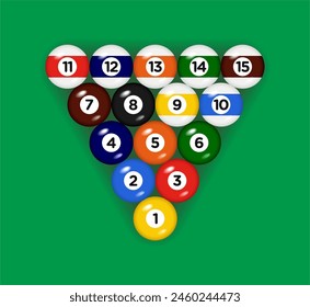 Billiard, pool balls with numbers collection. Realistic glossy snooker ball. Green background. Vector illustration.