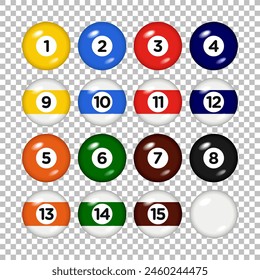 Billiard, pool balls with numbers collection. Realistic glossy snooker ball. transparent background. Vector illustration.