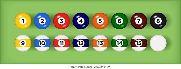 Billiard, pool balls with numbers collection. Realistic glossy snooker ball. Green background. Vector illustration.