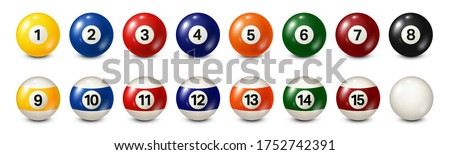 Billiard, pool balls with numbers collection. Realistic glossy snooker ball. White background. Vector illustration.