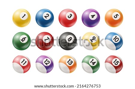Billiard, pool balls with numbers collection. Realistic glossy snooker ball. White background. Vector illustration