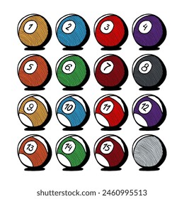 Billiard, pool balls with numbers. Hand drawn 