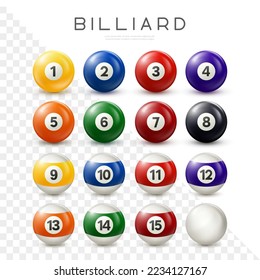 Billiard, pool balls set. Vector realistic snooker ball collection with numbers on transparent background