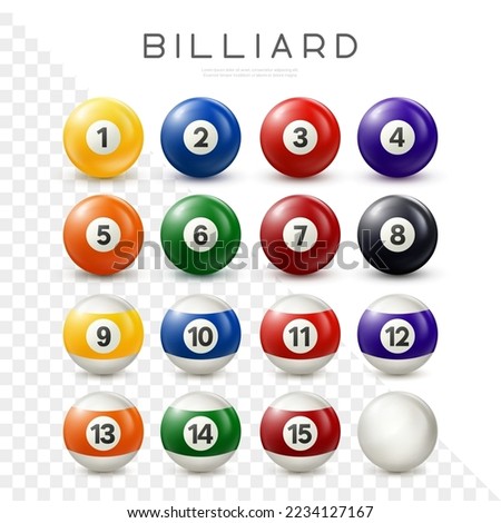 Billiard, pool balls set. Vector realistic snooker ball collection with numbers on transparent background